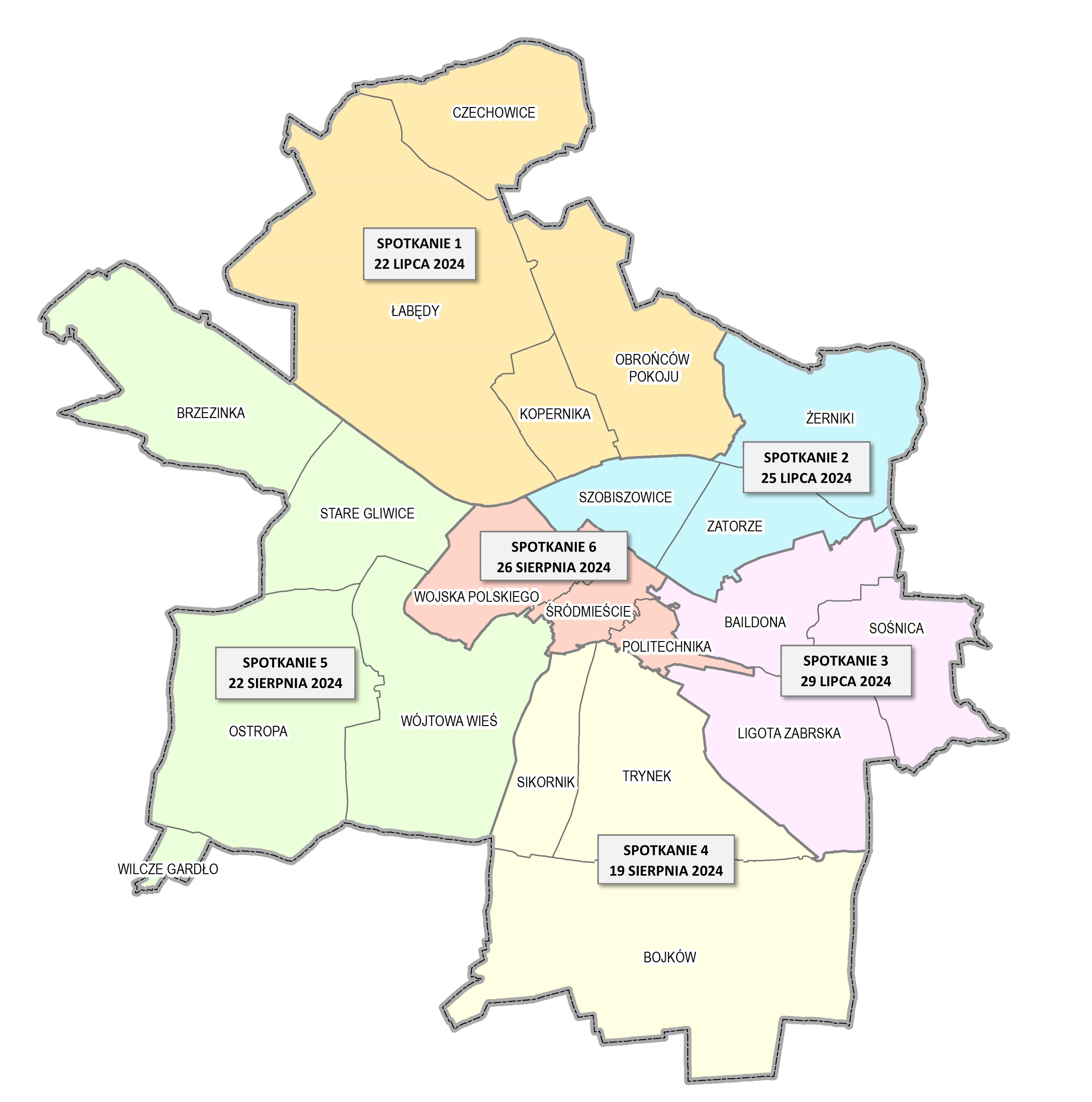 Mapa Gliwic z podziałem na dzielnice. Kolorami rozróżniono obszary obejmujące dzielnice, z których mieszkańcy mogą brać udział w poszczególnych spotkaniach