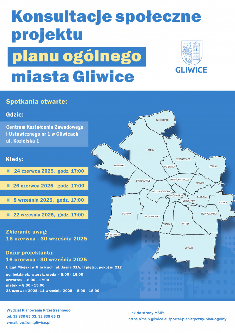 Plakat z informacją o konsultacjach społecznych projektu planu ogólnego miasta Gliwice w dniach 16.06.2025 - 30.09.2025