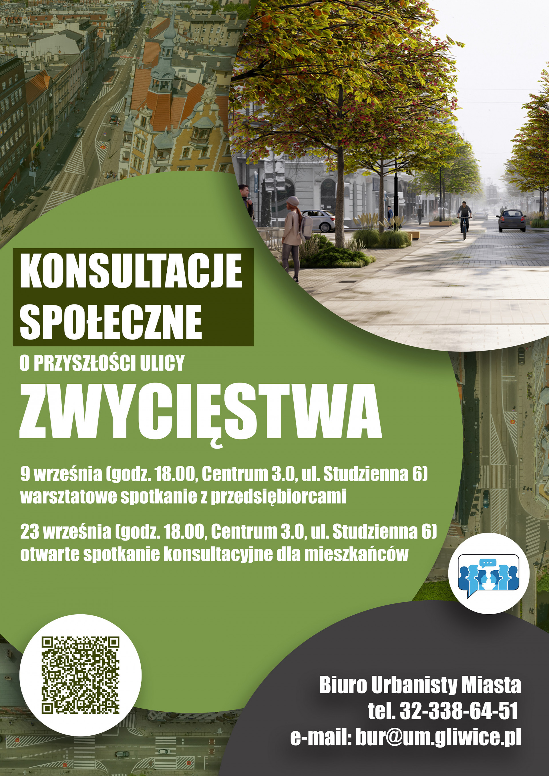 Plakat konsultacji społecznych o przyszłości ul. Zwycięstwa w Gliwicach – spotkania 9 i 23 września 2025 w Centrum 3.0 przy ul. Studziennej 6. Organizator: Biuro Urbanisty Miasta.